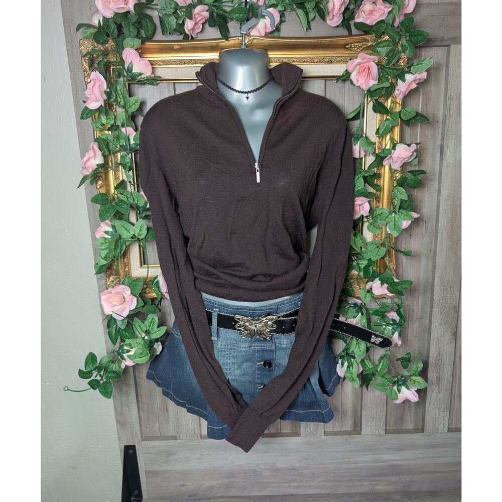 Ian Poulter Design Brown Plaid Knit 1/4 Zip Mock Neck Sweater Women's M